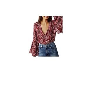 FREE PEOPLE Ditsy Floral Bodysuit dramatical ruffle long sleeves womens size XS